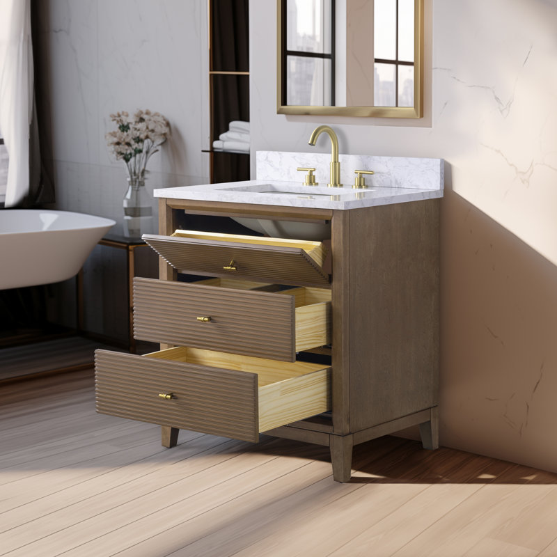Meuble-lavabo simple 30 po avec plateau en marbre d'ingénierie, Noyer, Doré brossé, Arabescato blanc