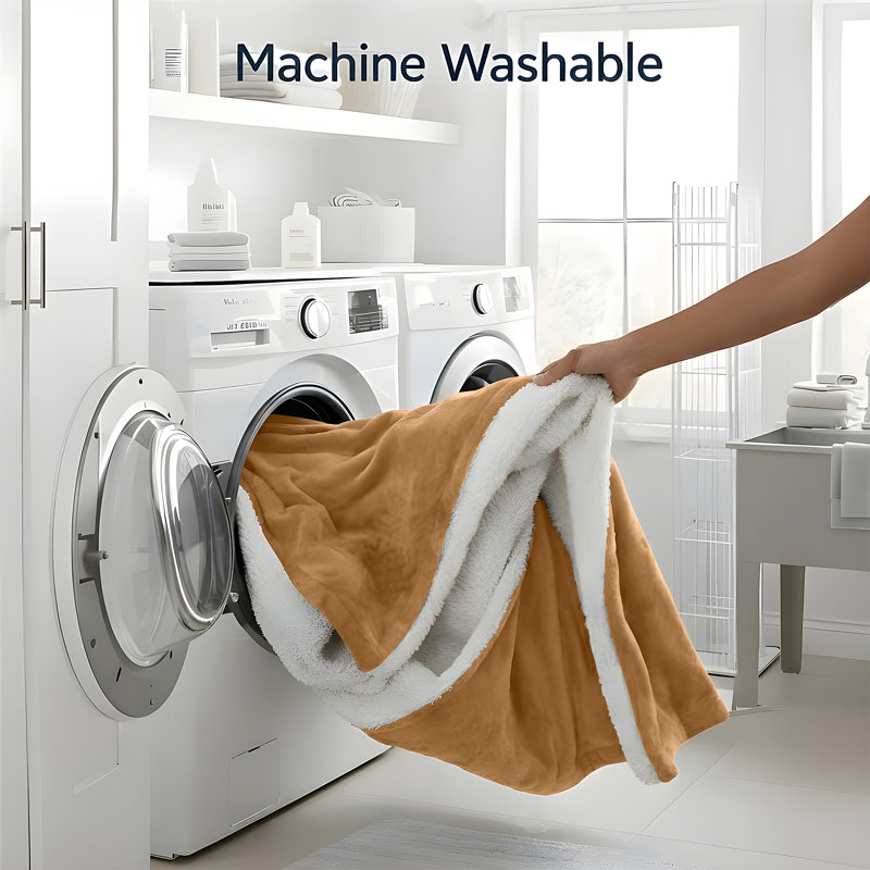 Jeté réversible en molleton Sherpa avec flanelle Microplush douce, jeté toutes saisons pour lit et canapé, Grand lit, Chameau
