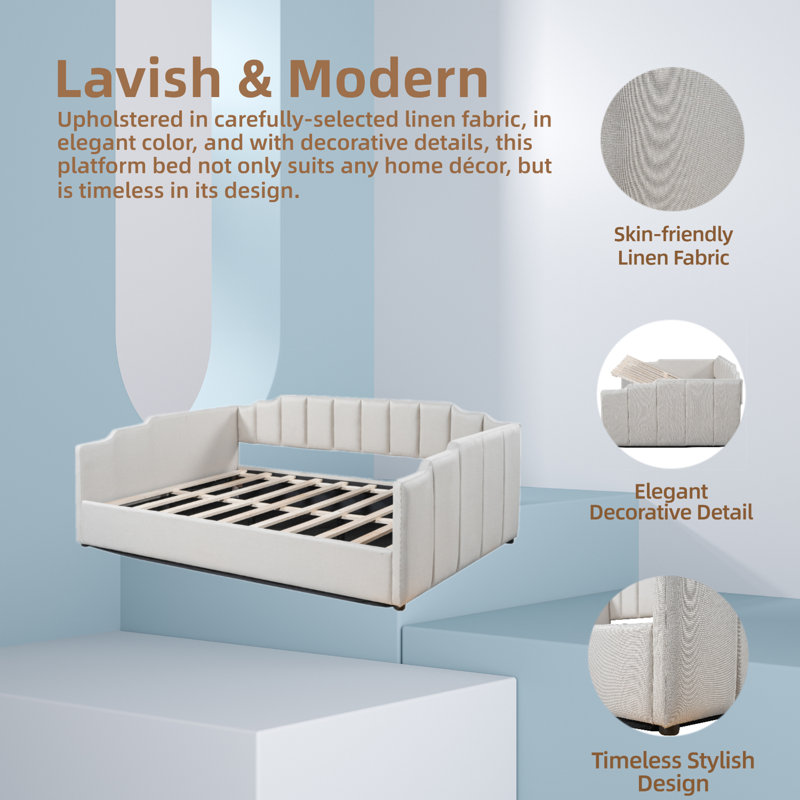 Linen Upholstered Daybed With Lift-Up Storage, Beige