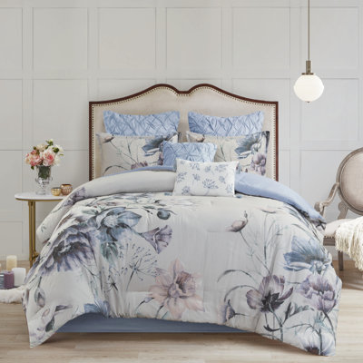 Édredon 8 pièces en coton bleu grand - style Shabby Chic avec accent floral, intérieur, comprend 1 édredon, 2 taies décoratives européennes, 3 coussins décoratifs, jupe de lit, composants de literie lavables à la machine