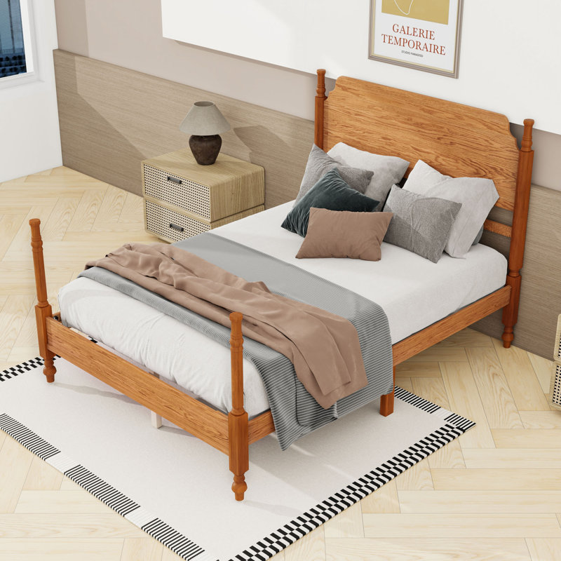 Lit plateforme en bois avec tête de lit, Full, Double / noyer