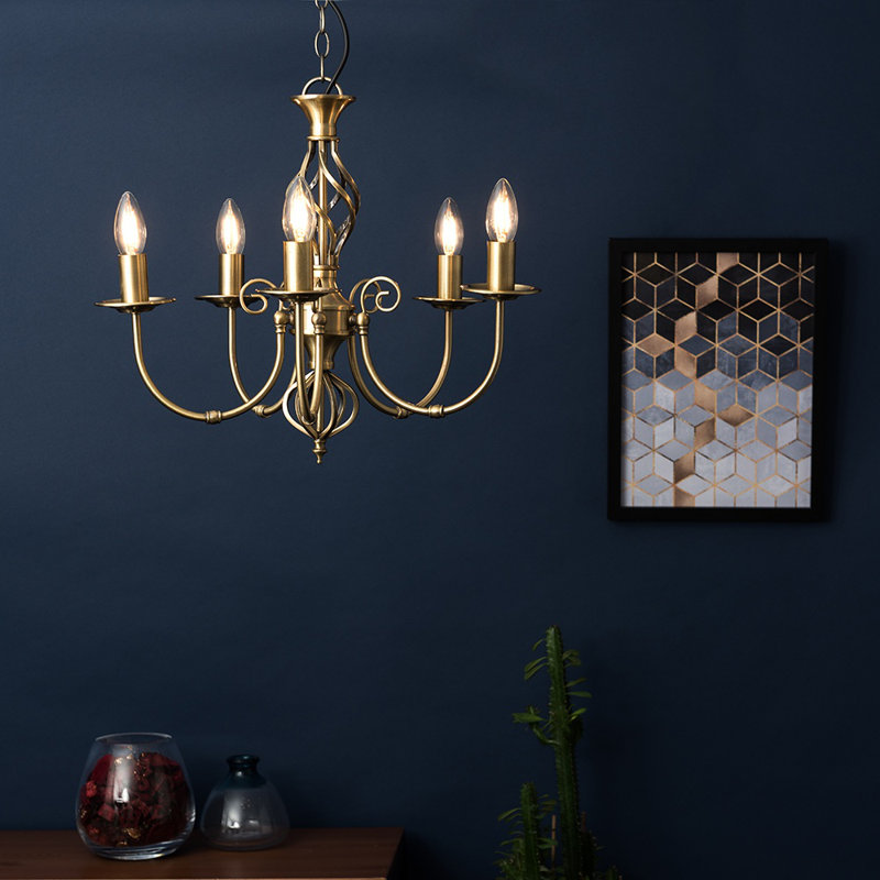 Basile 5 - Light Candle Style Chandelier, 6500, 80cm H x 51.5cm W x 51.5cm D, Antique Brass