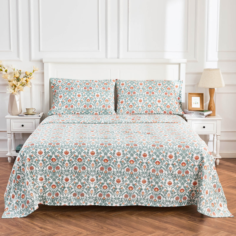 Arts & Crafts Floral Sheet Set, Full Sheet Set + 2 Standard Pillowcases, Orange