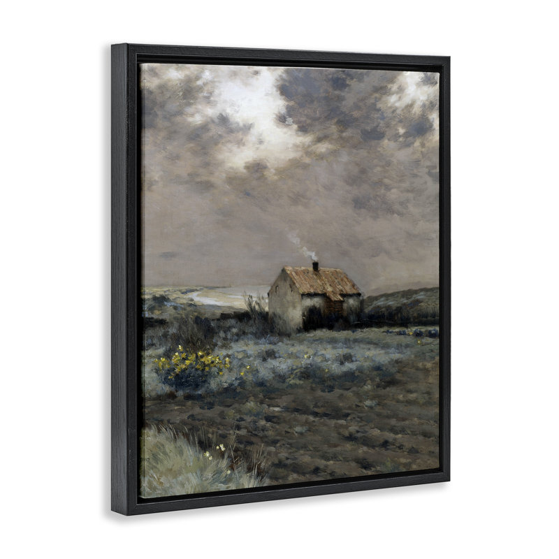 Cabane dans un cadre flottant sur un champ couvert, design par lettré et doublé, Cadre flottant noir de jais