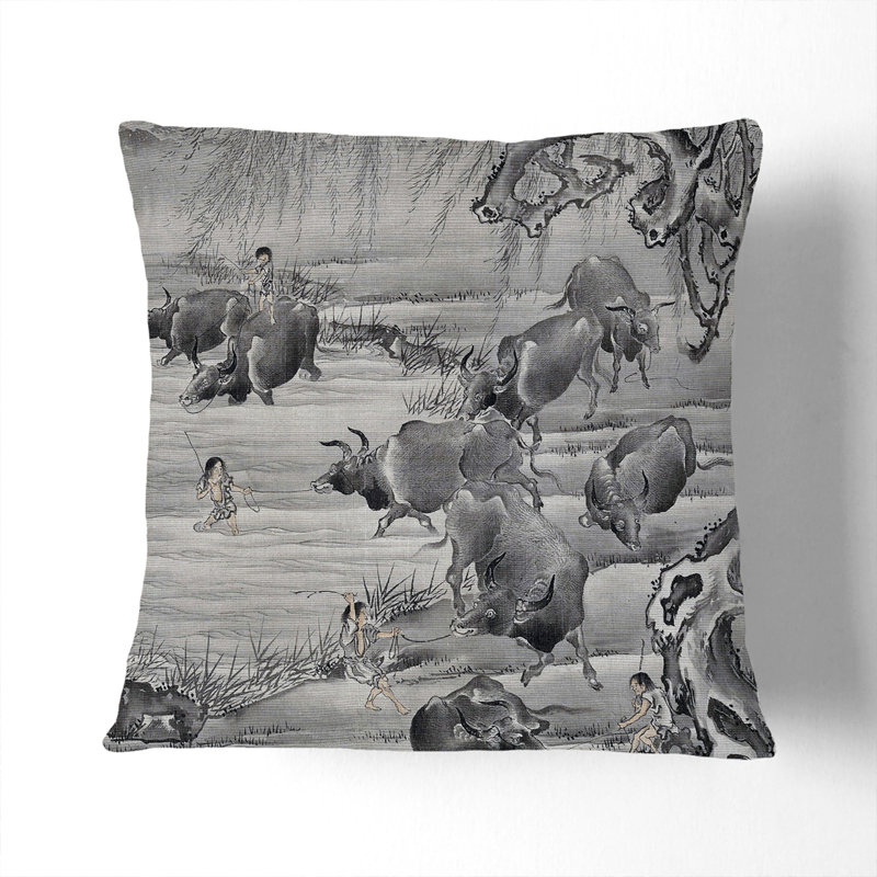Buffalo And Herdsman Square Throw Cushion, 40cm H x 40cm W x 15cm D, Stone