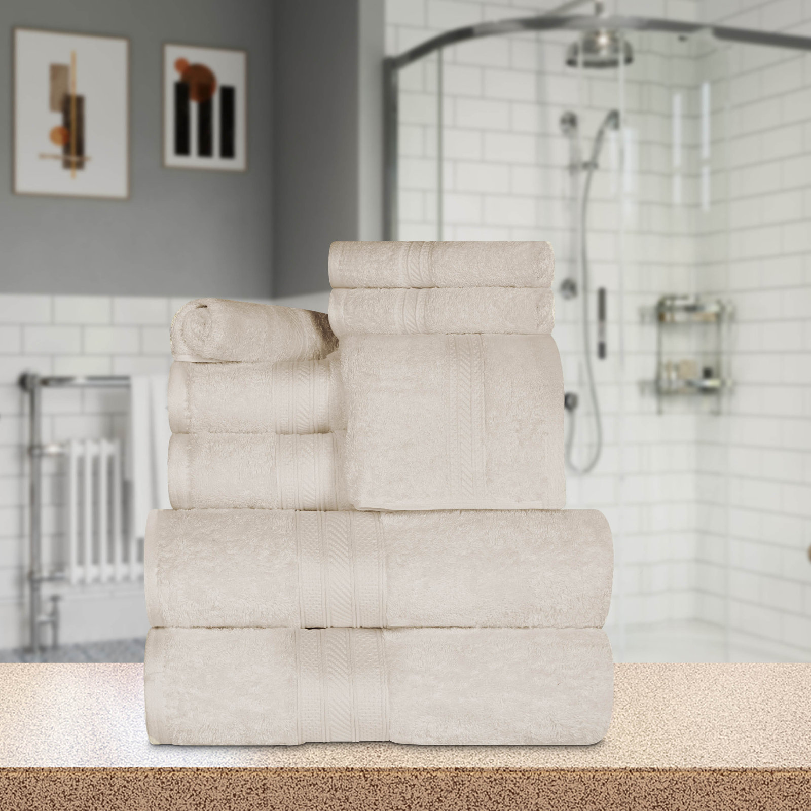 Glenlee Long Staple Combed Cotton Solid 8-Piece Quick-Drying Towel Set, Ivory