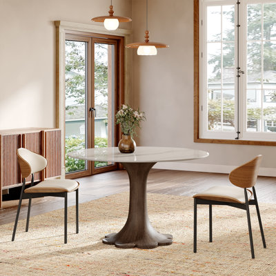3Pcs Round Dining Set Dark Walnut Tone Scalloped Shape Pedestal