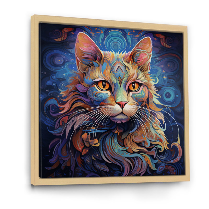 Chat cosmique avec regard mystérieux - imprimé, H 24 po x l 24 po x P 1 po, Cadre naturel flottant