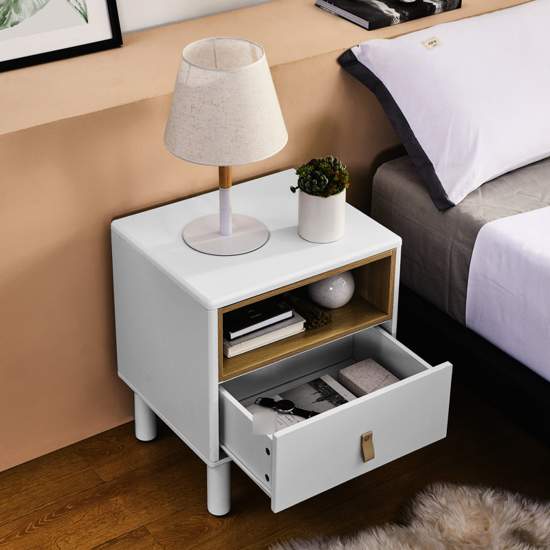 Commode de chevet avec tiroir pratique et tablette - table de construction moderne en bois avec rangement ouvert, Blanc