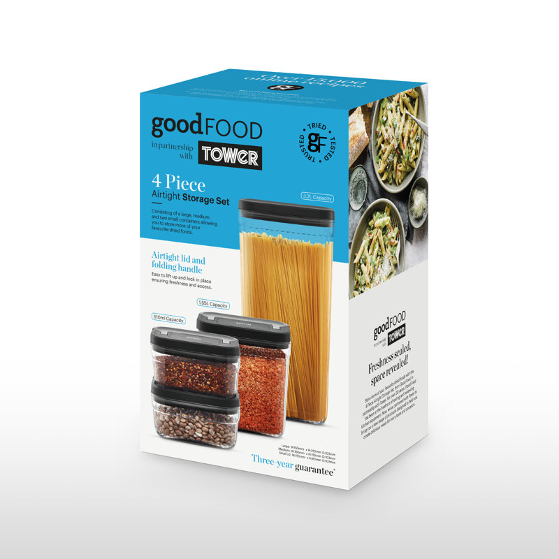 GF847080 Good Food in Partnership with TOWER 4 Piece Food Storage Set, Airtight Lids, Stackable Design, 1x Large, 1x Medium, 2 x Small, Transparent