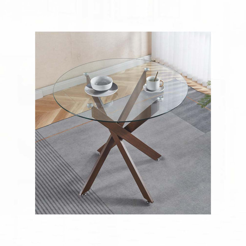Round Dining Table with cross metal leg and tempered glass, Dark Walnut, 29.13''H x 35.43''L x 35.43''W, Transparent
