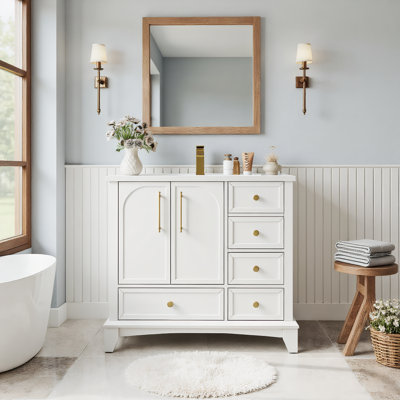 Meuble-lavabo sur pied haut de gamme 36 po, lavabo moderne avec surface peinte, tiroirs de rangement et poignées en métal