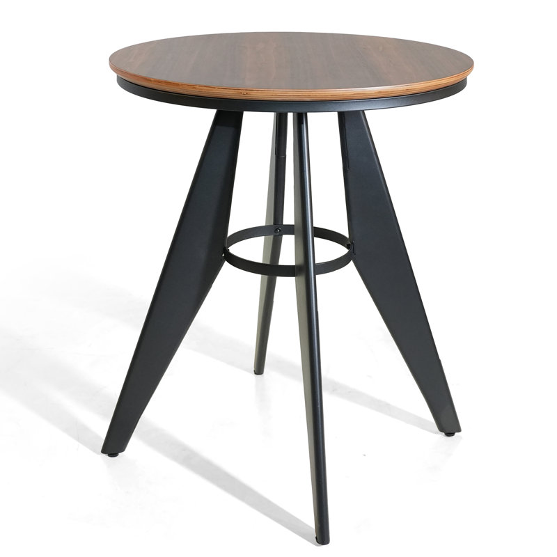 Round Cafe Table - 23.62" Oak Wood Top, Metal Frame, 27.6" High, Modern Industrial Bounaga For Kitchen, Home Office, Bistro, Compact For Space Saving