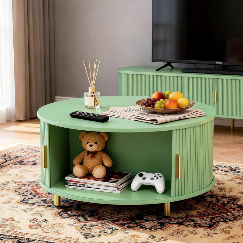 Table basse ronde avec rangement, table basse moderne Mid-Century 31,5 "avec porte coulissante incurvée à 360 °, Vert