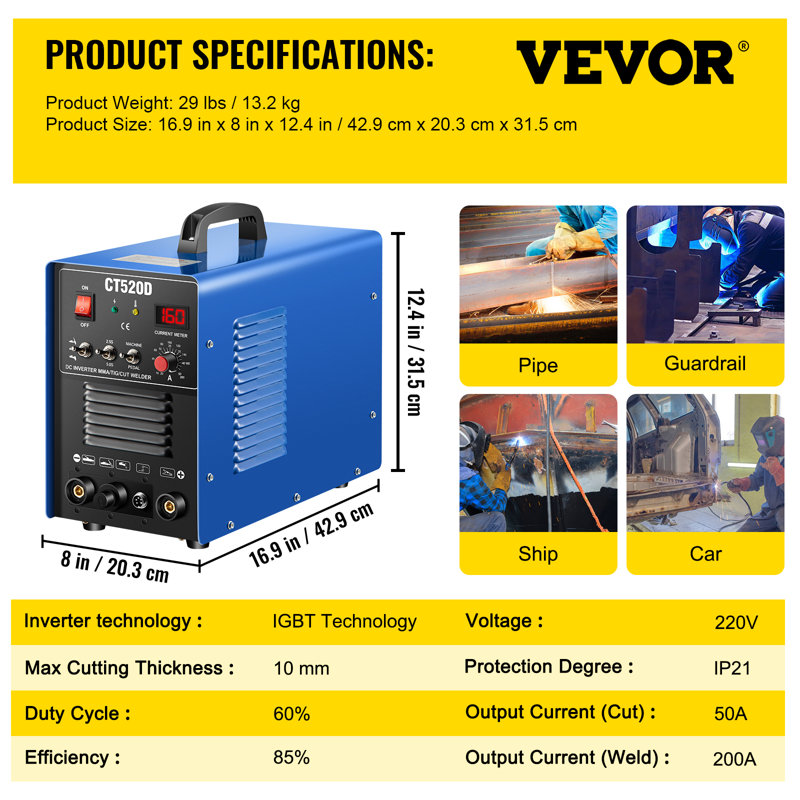 CT520D coupeur de plasma / TIG / bâton soudeur combo 3-en-1 50A / 200A 110 / 220V