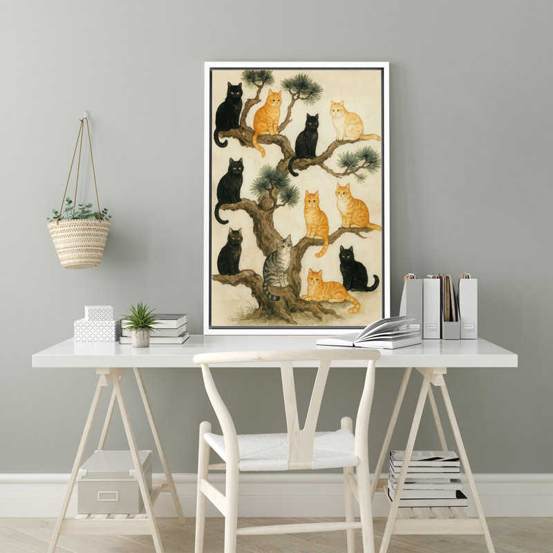 Douze chats assis sur un pin - reproduction d'art sur toile encadrée, H 24 po x l 16 po x P 1,5 po, Cadre flottant blanc