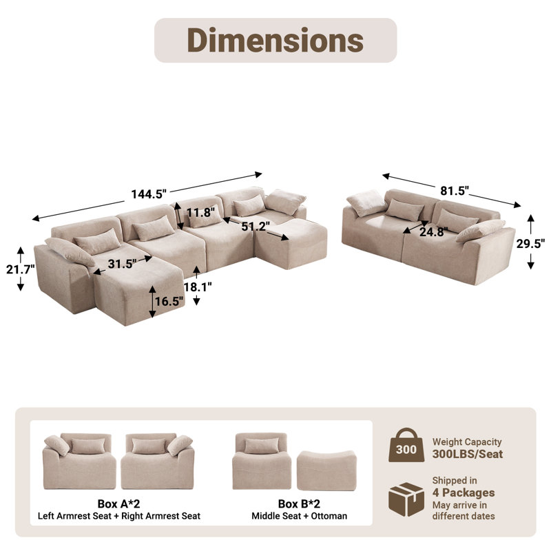 Segal 8 Piece L Shape Cloud Soft Chenille Upholstered Oversized Modular Compression Sectional Sofa Set , No Assembly Required