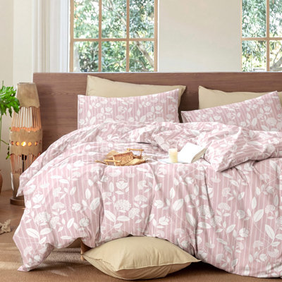 Pink Floral Comforter Set King Size, Blush Pink Leaf Floral Stripe Bedding Set, 3 Pieces 100% Cotton Comforter with 2 Pillowcases, Soft Lightweight Shabby Chic Bedding Set All Seasons