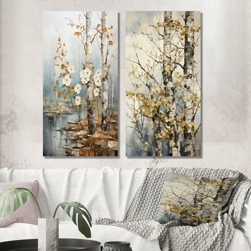 2 pièces sur toile - Symphonie sycomore arbre gris blanc, Toile tendue, H 32 po x l 32 po
