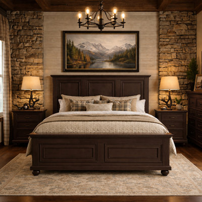 Wood Platform Bed Frame with Tall Panel Headboard and Solid Slat Support