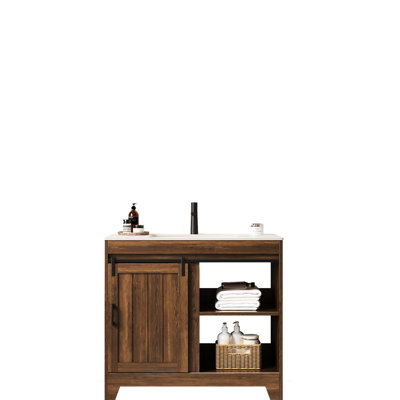 Lavabo de meuble-lavabo de 36 po, design. Noyer foncé, comptoir en pierre frittée, lavabo en céramique et armoire fonctionnelle de style rétro.