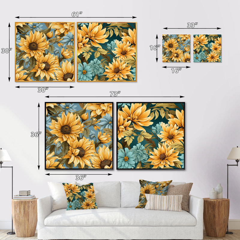 Golva - Ensemble de 2 collages floraux carrés, Cadre flottant blanc, H 30 po x l 61 po