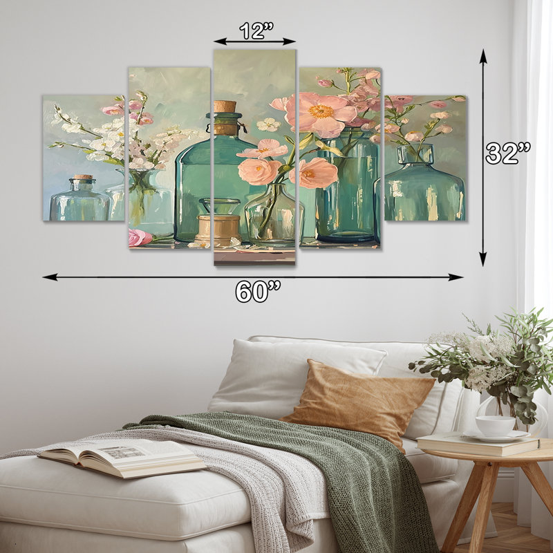 Nature morte, anémones roses en verre - Bouquets assortis, art mural sur toile, 5 pièces