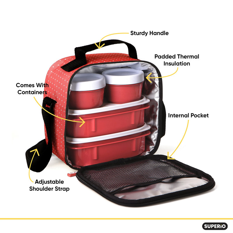  Sac à lunch isotherme avec contenants, boîte à lunch doublée thermique, contenants réutilisables à l'épreuve des fuites pour le travail, les voyages et la plage, petit sac à lunch à pois rouge avec sangle réglable, facile à nettoyer