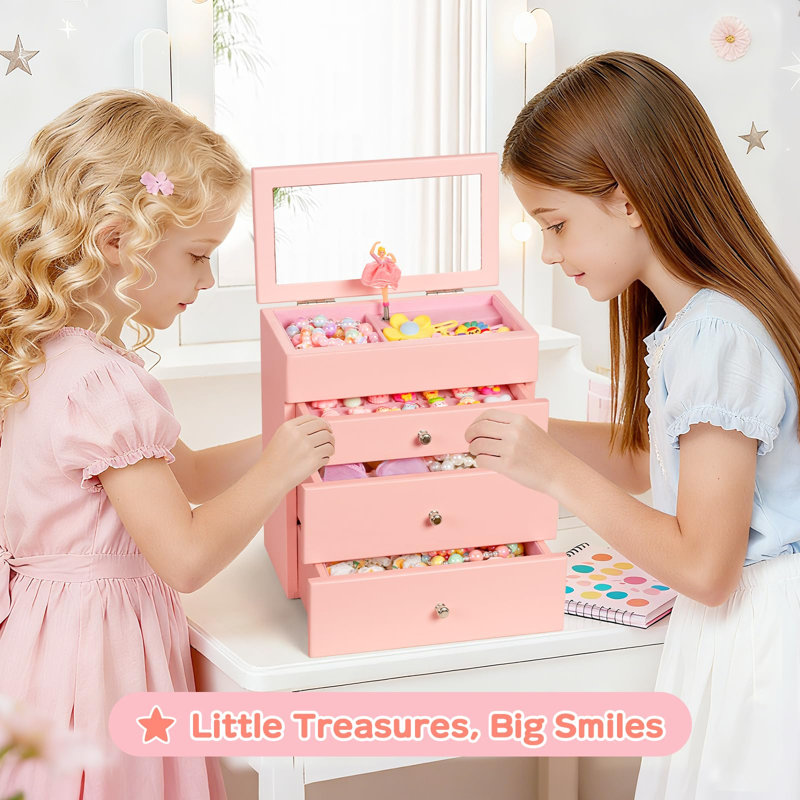 Wooden Jewelry Box with Music for Girls, Rotating Ballerina & Built-in Mirror, 4-Drawer Little Girls Treasure Storage Case for Hair Accessories Bracelets Necklaces, Children Birthday Christmas Gift