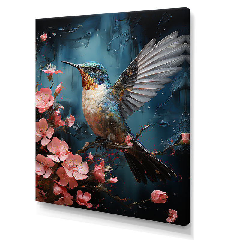 Art floral bleu colibri - Colibri, Toile tendue, H 40 po x l 30 po x P 1,5 po