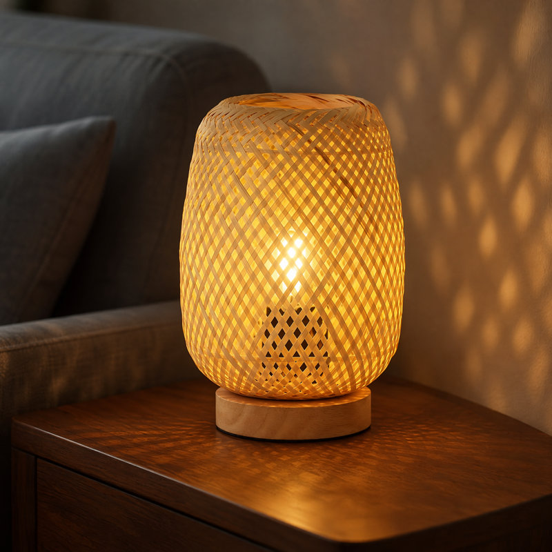Mini lampe de table en rotin H 8,7 po - petite lampe d'appoint en osier avec base en bois Benvolio