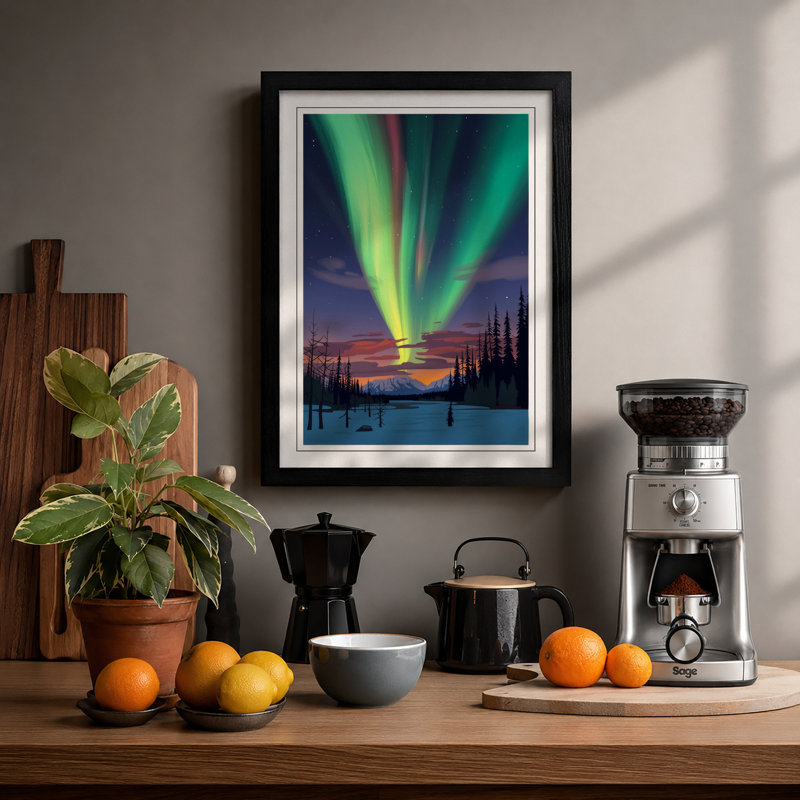 Aurora Over Silent Forest Scandinavian - Framed Print, A3 - 42.0 x 29.7 cm, Black
