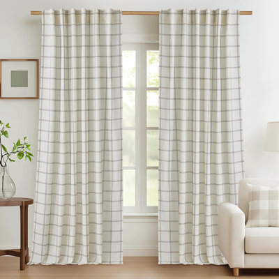 Linen Plaid Curtains Modern Window Panels Check Tartan Light Filtering Curtains for Living Room Bedroom, Rod Pocket Back Tab, 2 Panels