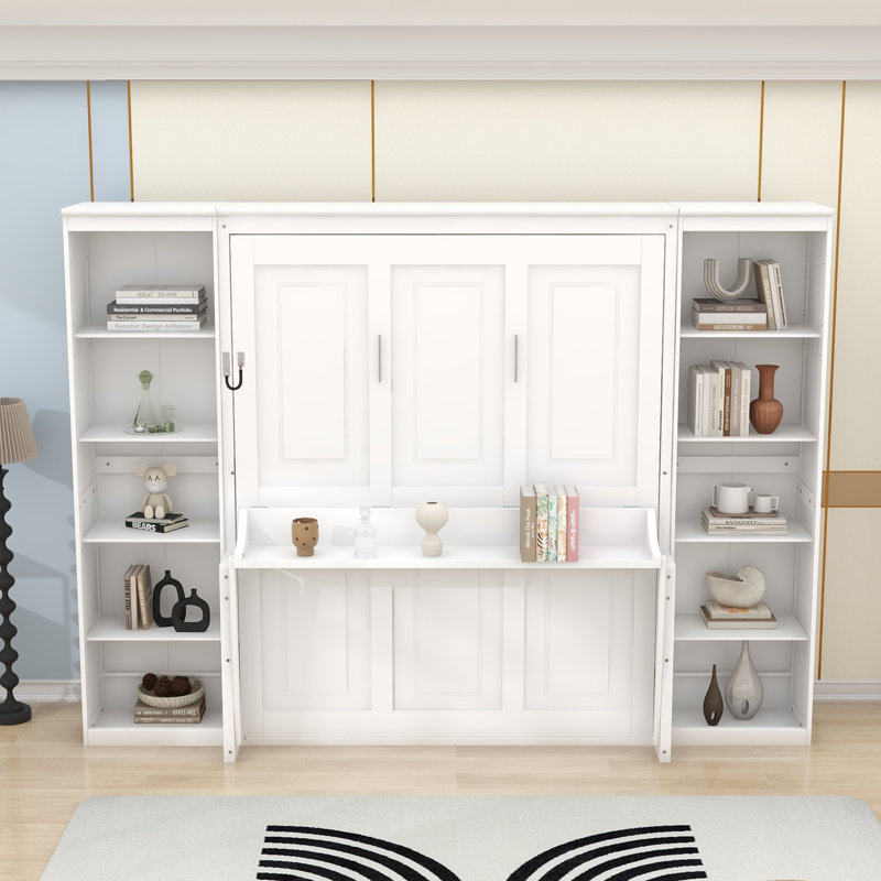 Lit escamotable en bois avec bureau intégré et bibliothèque, Grand