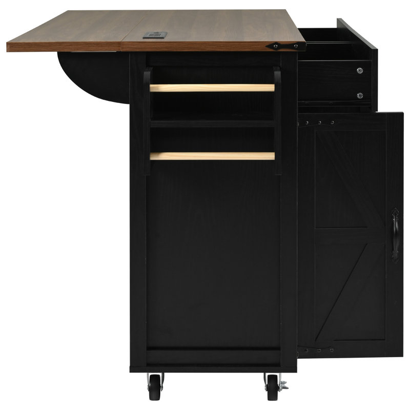 53.5''Farmhouse Kitchen Island With Power Outlet, Kitchen Storage Island With Drop Leaf, Spice Rack And Drawer, Rolling Kitchen Cart On Wheels, For Home, Kitchen And Dining Room, Black