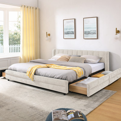 Structure de lit tapissier très grand avec tissu en chenille, tête de lit confortable et tiroirs de rangement sous le lit pour les chambres à coucher modernes