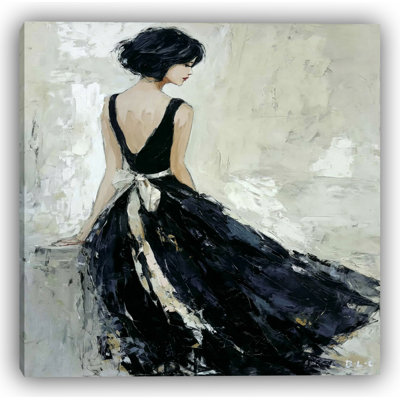 Grace in Bloom – Elegant Woman in Black Dress Art