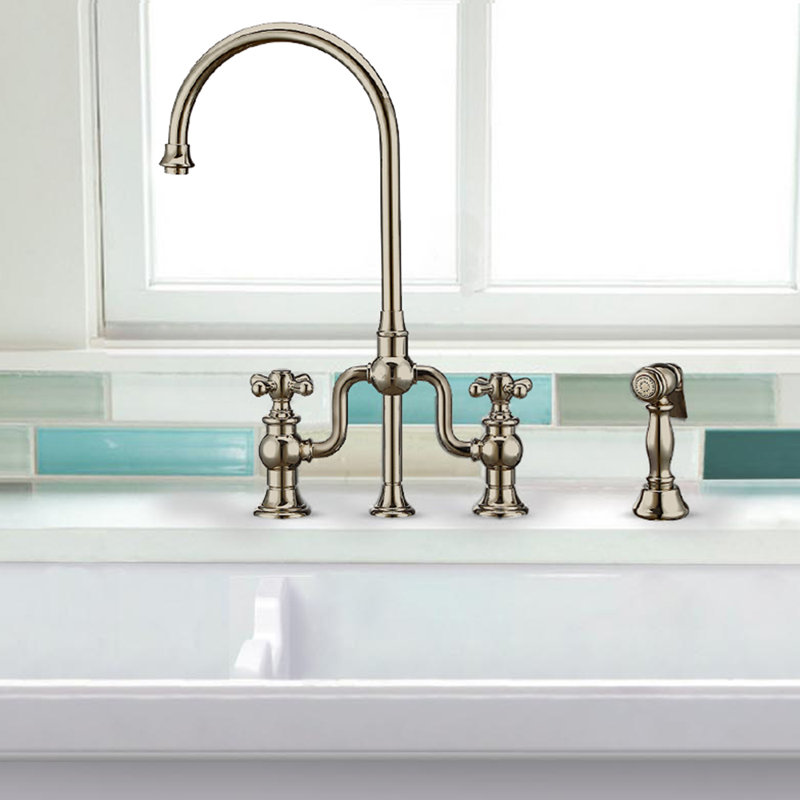 Whitehaus Collection Bridge Faucet with Gooseneck Swivel Spout and Solid Brass Side Spray, Polished Nickel, Cross Handle