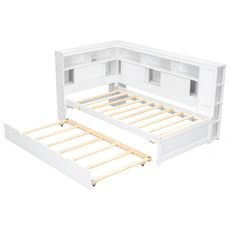 Lit de jour simple en bois avec tablettes de rangement, USB et lit gigogne, blanc