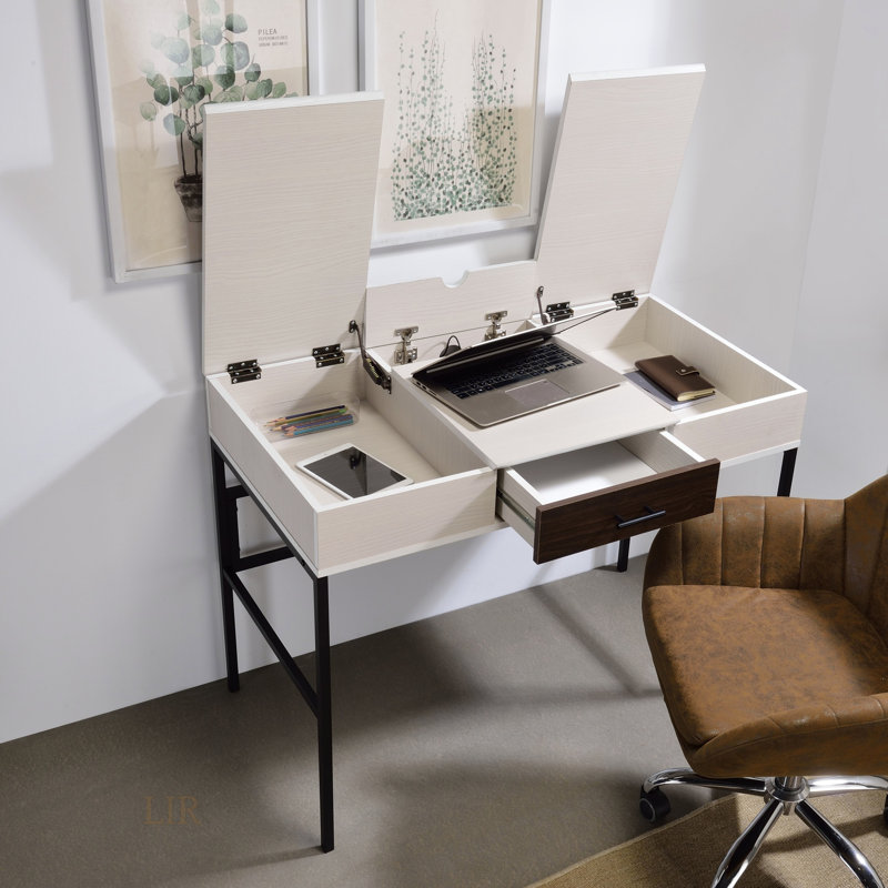 Bureau d'écriture Verster au fini naturel et noir avec port USB et beaucoup de rangement, parfait pour les bureaux à domicile modernes