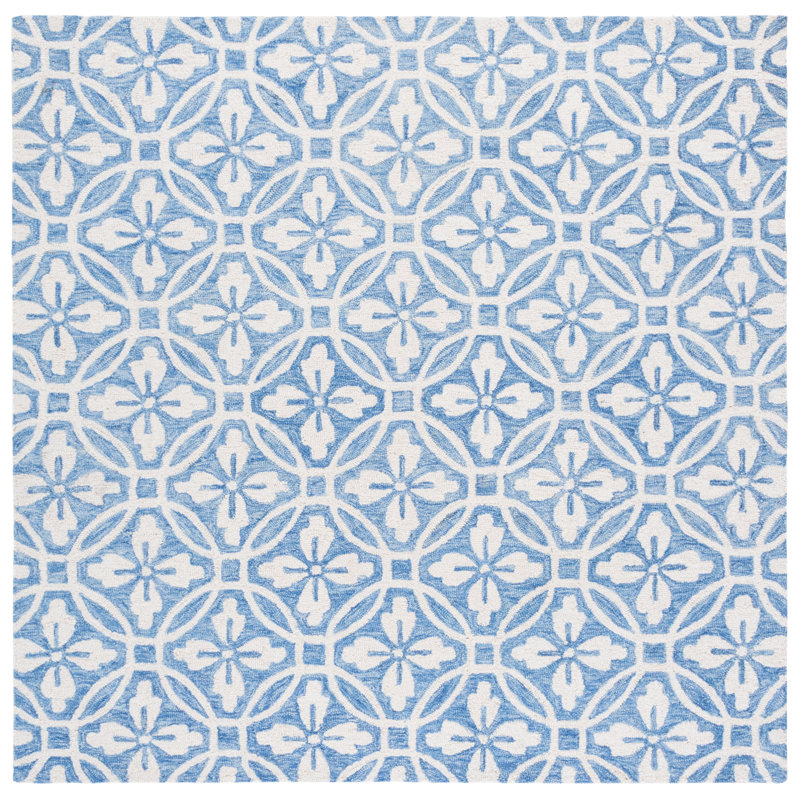Metro 388 Hand Tufted Wool/Cotton Damask Rug in Ivory/Blue, Square 6'
