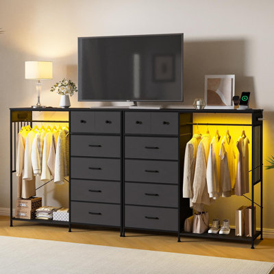 Commode noire à 6 tiroirs avec support à suspendre et station de charge, coffre de rangement en tissu moderne avec lumières DEL, rangement en bois pour chambre à coucher