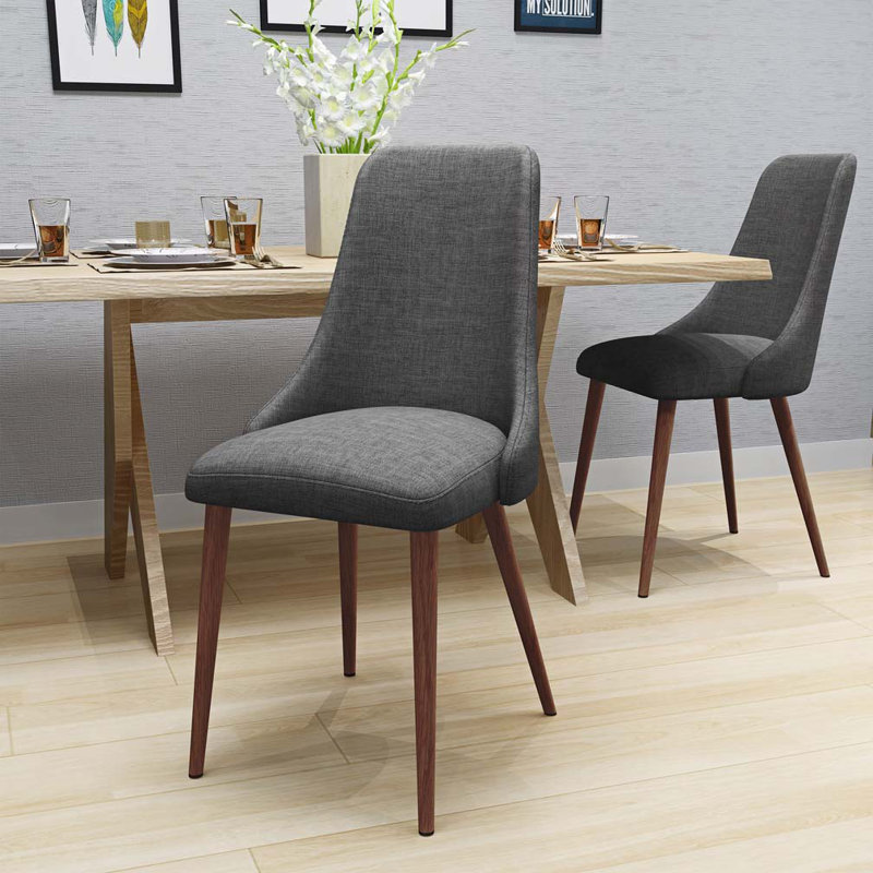 Chaise de salle à manger rembourrée en tissu avec dossier rembourré, 4 pieds en métal, Gris, Noyer