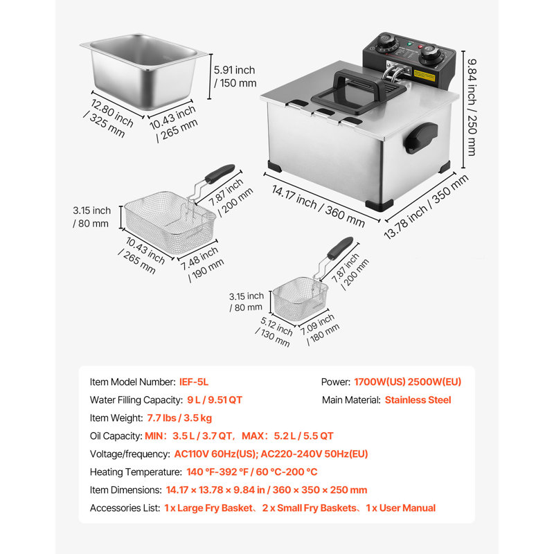 Friteuse électrique commerciale, 9,51 pte, friteuse de comptoir en acier inoxydable 1700W avec grands et petits paniers, protection contre la surchauffe, contrôle de la température, minuterie, détachable pour un usage domestique, argent