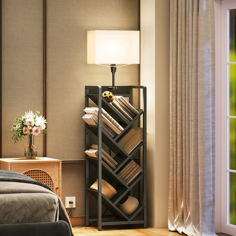 Tree Bookshelf with Light, 6-Tier Book Shelf, Wooden Bookcase for Narrow Space, Floor Standing Tall Bookshelf, Modern Corner Display Shelf