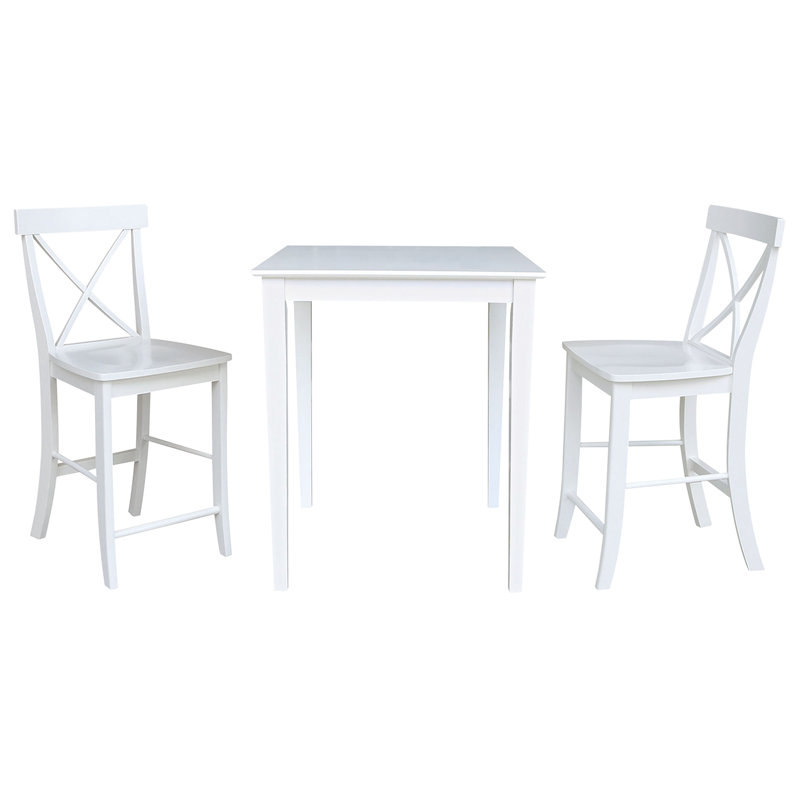 Counter Height Solid Wood Dining Set, White, 3 Pieces: 1 Table, 2 Chairs