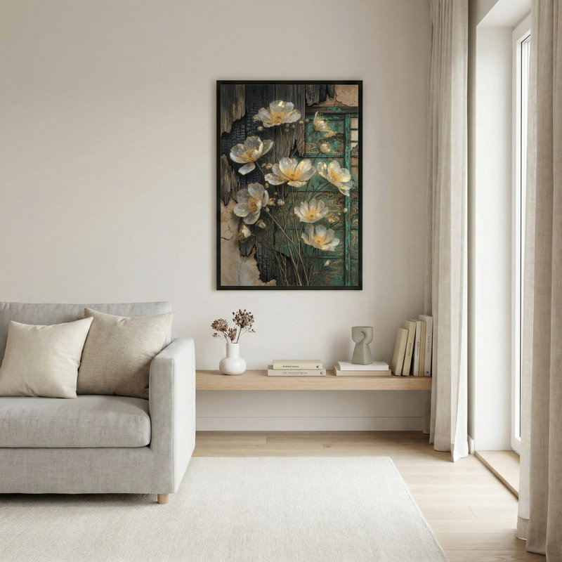 Toile noire encadrée en bois noir pour le salon, la chambre à coucher, le bureau ou le vestibule - décoration murale décorative avec bois floral