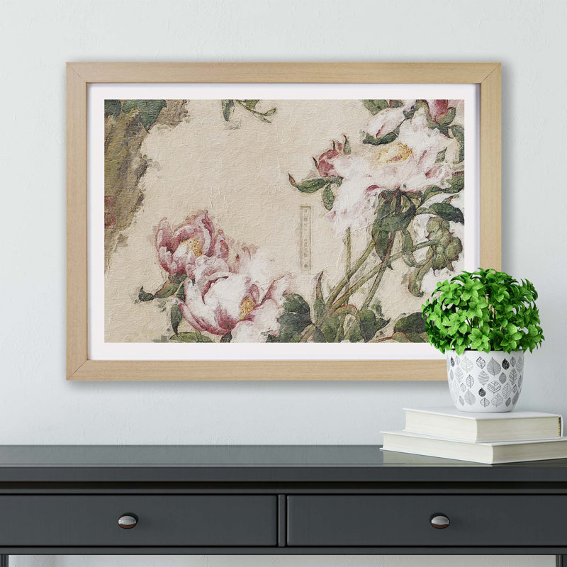 Peony Flowers by Lang Shining - Single Picture Frame Painting, 45cm H x 63cm W x 2cm D, Oak