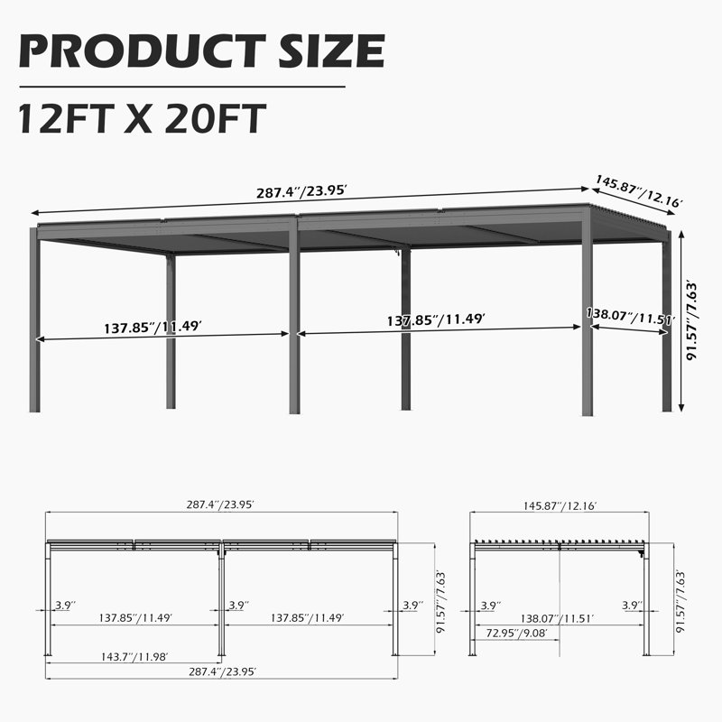 Domi Patio Outdoor Aluminum Louvered Pergola, Gray, 24" W x 12' D