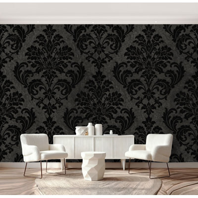 Peel and Stick Wallpaper Elegant Black Damask Dark Wall Murals 69"H x 96"W Removable PVC Wall Paper Self-Adhesive Wall Decor for Bedroom Living Room Home Office